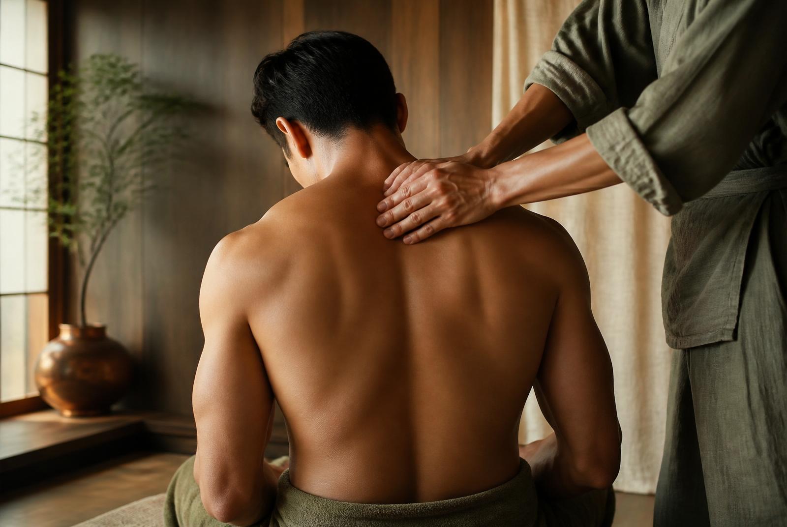 Homme allongé sur une table de massage recevant un soin relaxant anti-stress aux huiles chaudes dans un cabinet zen à Strasbourg — Nagomi Wellness